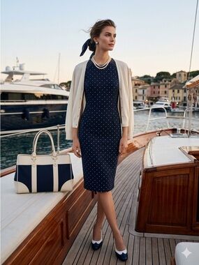 HM Navy Polka Dot Sheath Dress Size XS 2 Nautical Elegance Quiet Luxury EUC